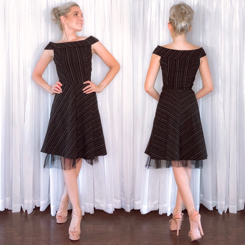 Black Stripe Off Shoulder Fit and Flair Dress